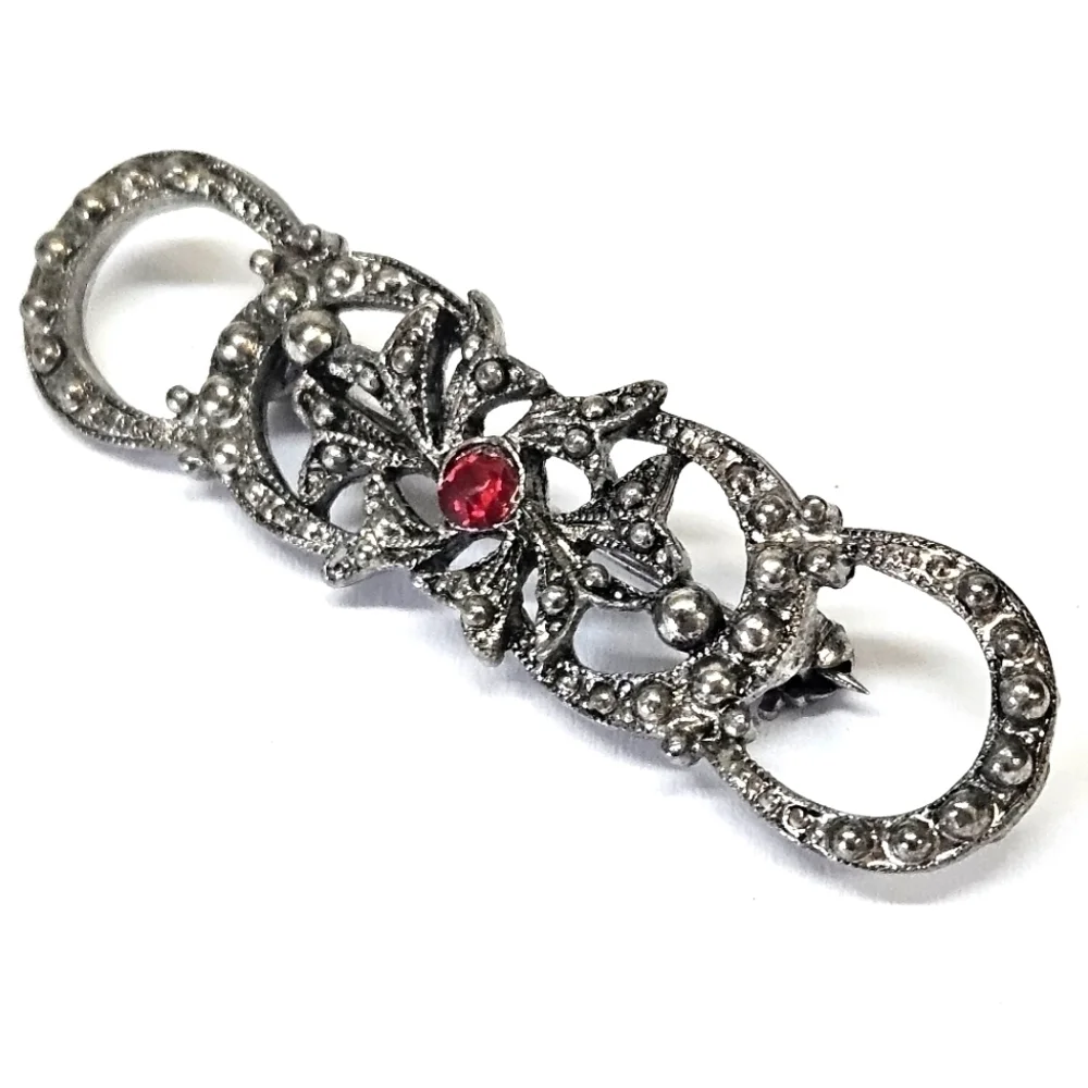 VINTAGE Victorian Revival Silver Tone Marcasite Rhinestone Brooch Pin